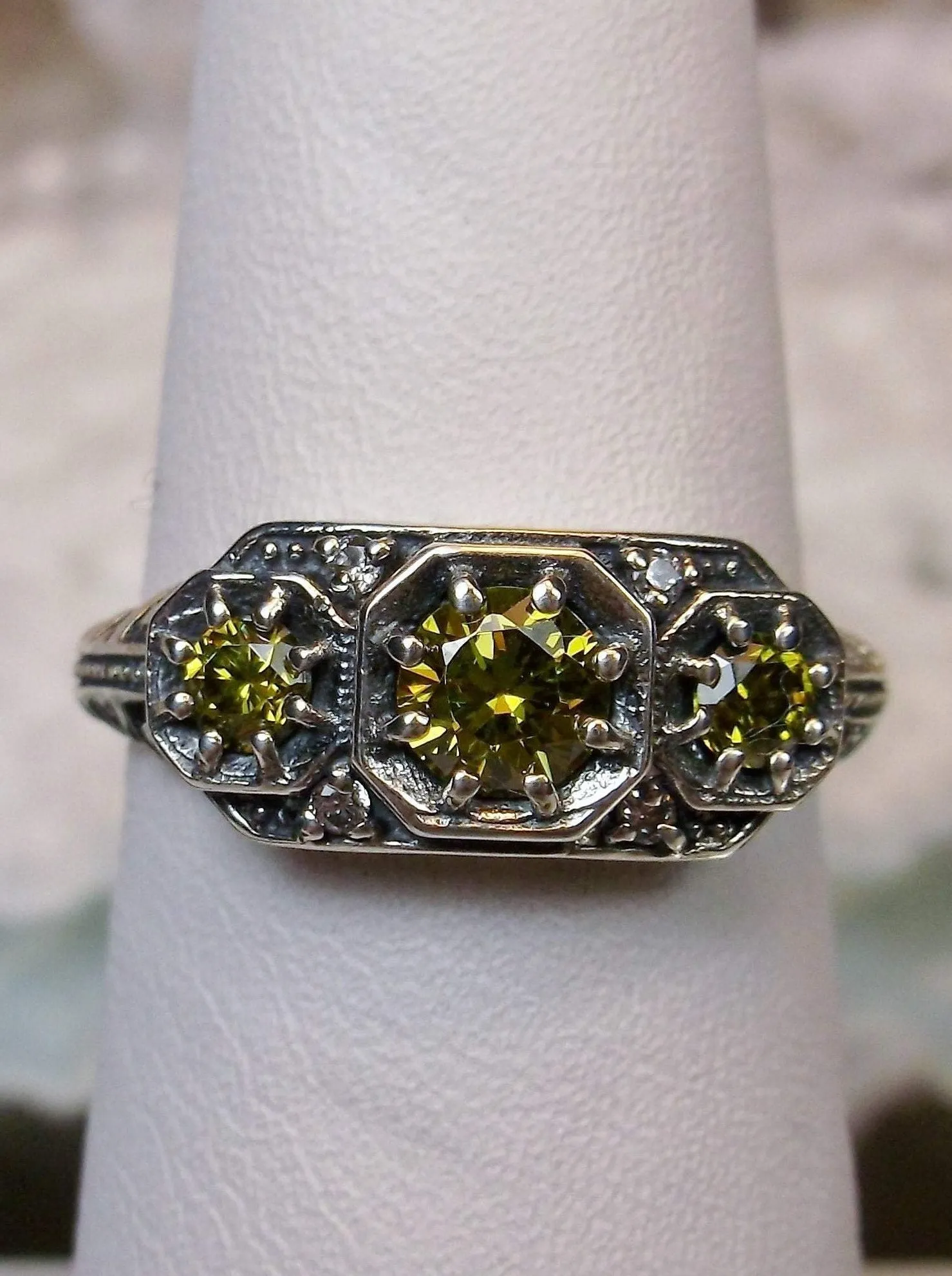 Peridot Ring, Simulated or Natural Gem, Art Deco Jewelry #D161
