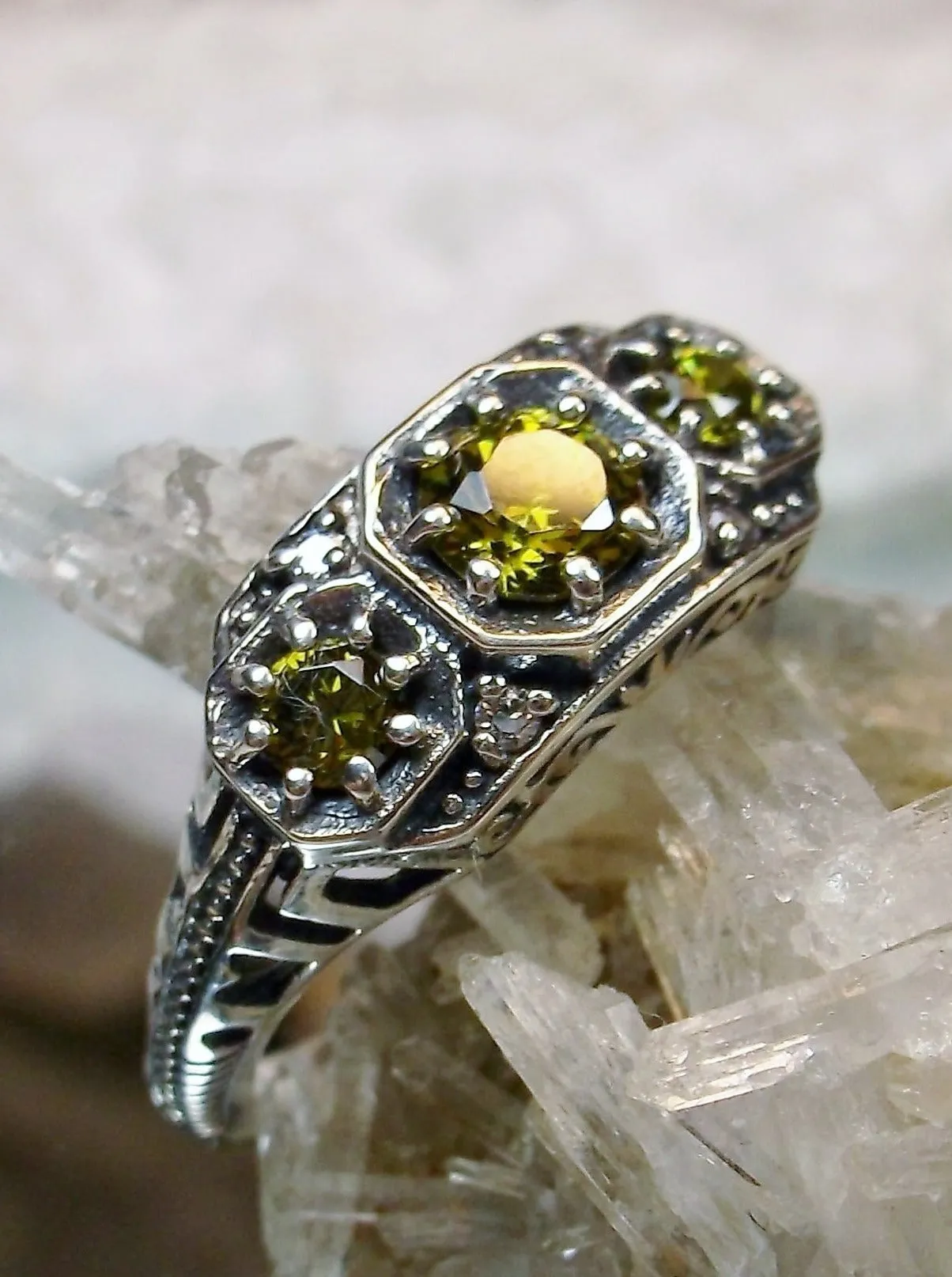 Peridot Ring, Simulated or Natural Gem, Art Deco Jewelry #D161