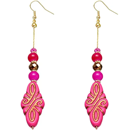 Pink Ethnic Carved Pattern Bead Drop Earrings