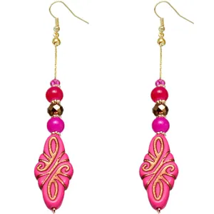 Pink Ethnic Carved Pattern Bead Drop Earrings