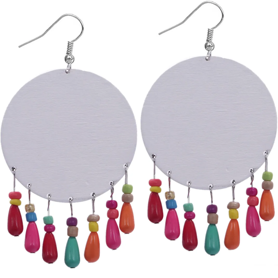 Pink Multicolor Wooden Bead Kaleidoscope Pattern Earrings