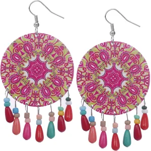 Pink Multicolor Wooden Bead Kaleidoscope Pattern Earrings