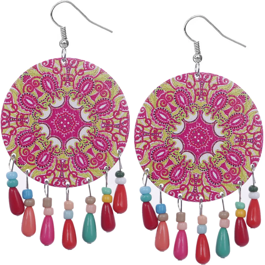 Pink Multicolor Wooden Bead Kaleidoscope Pattern Earrings