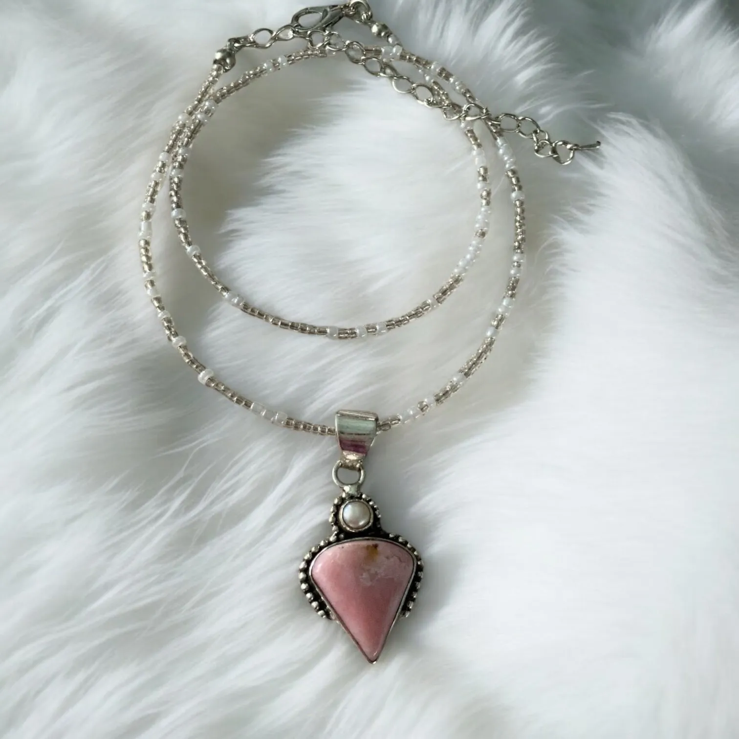 Pink Opal & Pearl Solid 925 Sterling Silver Pendant Necklace