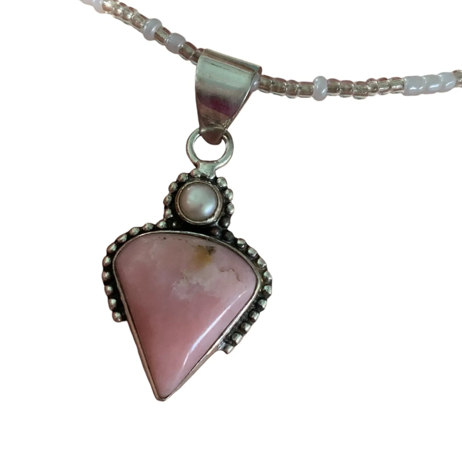 Pink Opal & Pearl Solid 925 Sterling Silver Pendant Necklace