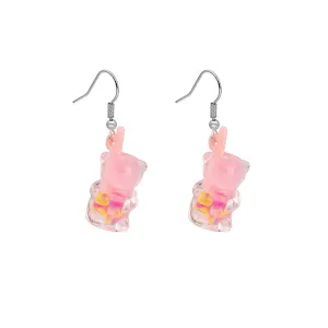 Pink Resin & Silver-Plated Bear Cup Drop Earrings