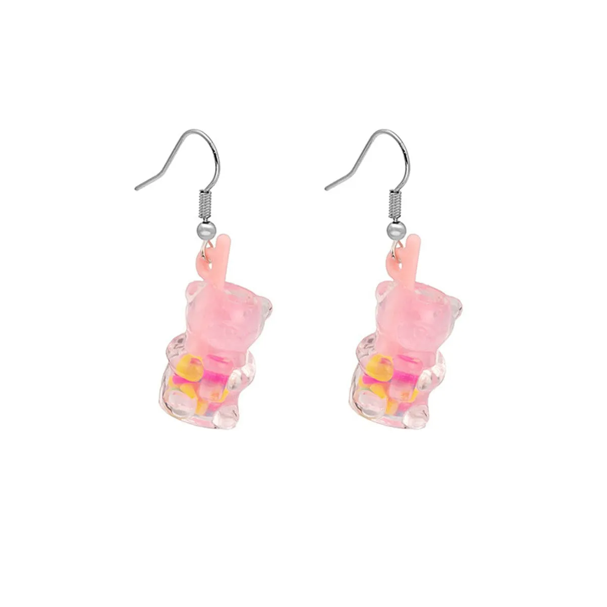 Pink Resin & Silver-Plated Bear Cup Drop Earrings