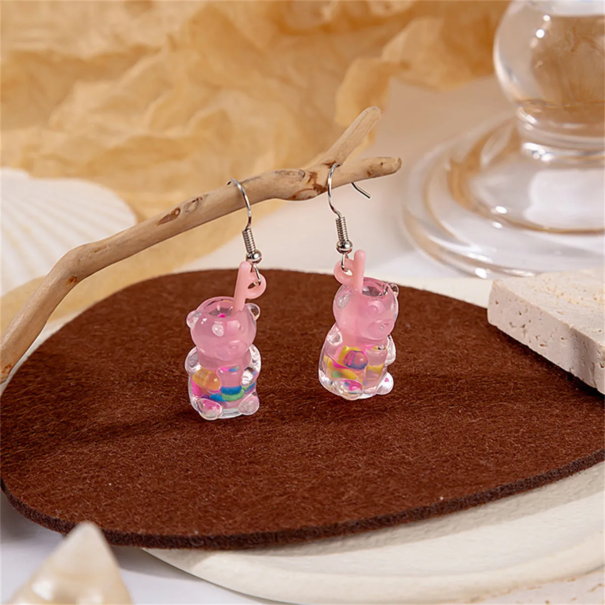 Pink Resin & Silver-Plated Bear Cup Drop Earrings