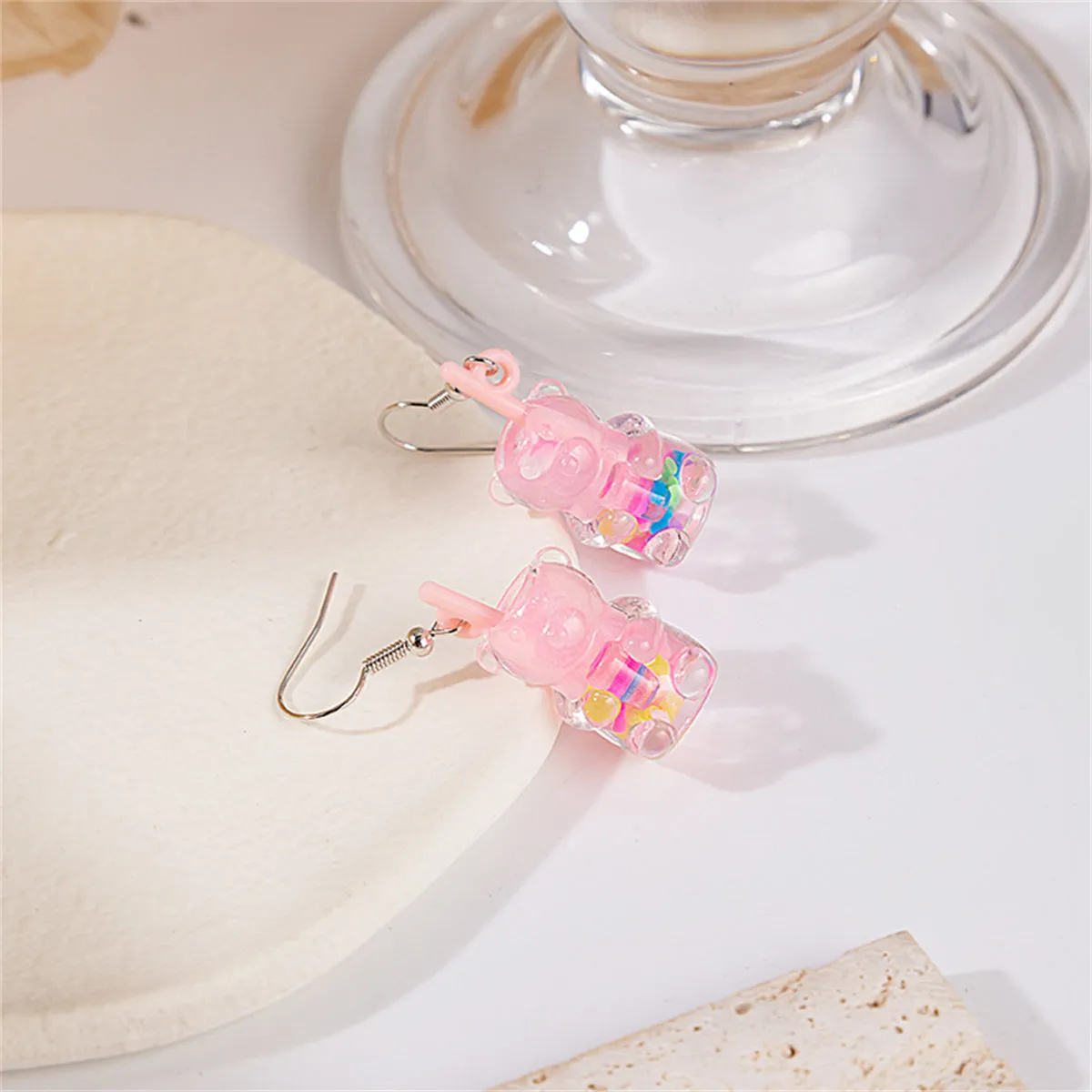 Pink Resin & Silver-Plated Bear Cup Drop Earrings