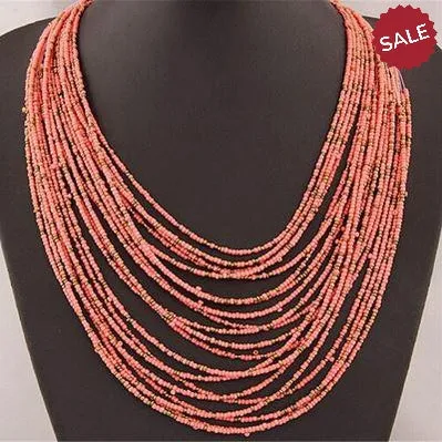 Pink Seed Bead Bohemian Multi-Layer String Necklace