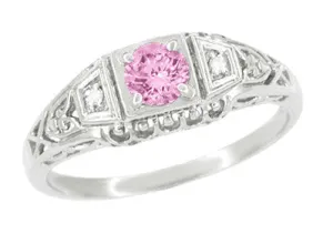 Pink Tourmaline and Diamond Art Deco Filigree Engagement Ring in 14 Karat White Gold