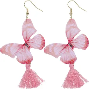 Pink White Butterfly Tassel Tulle Earrings