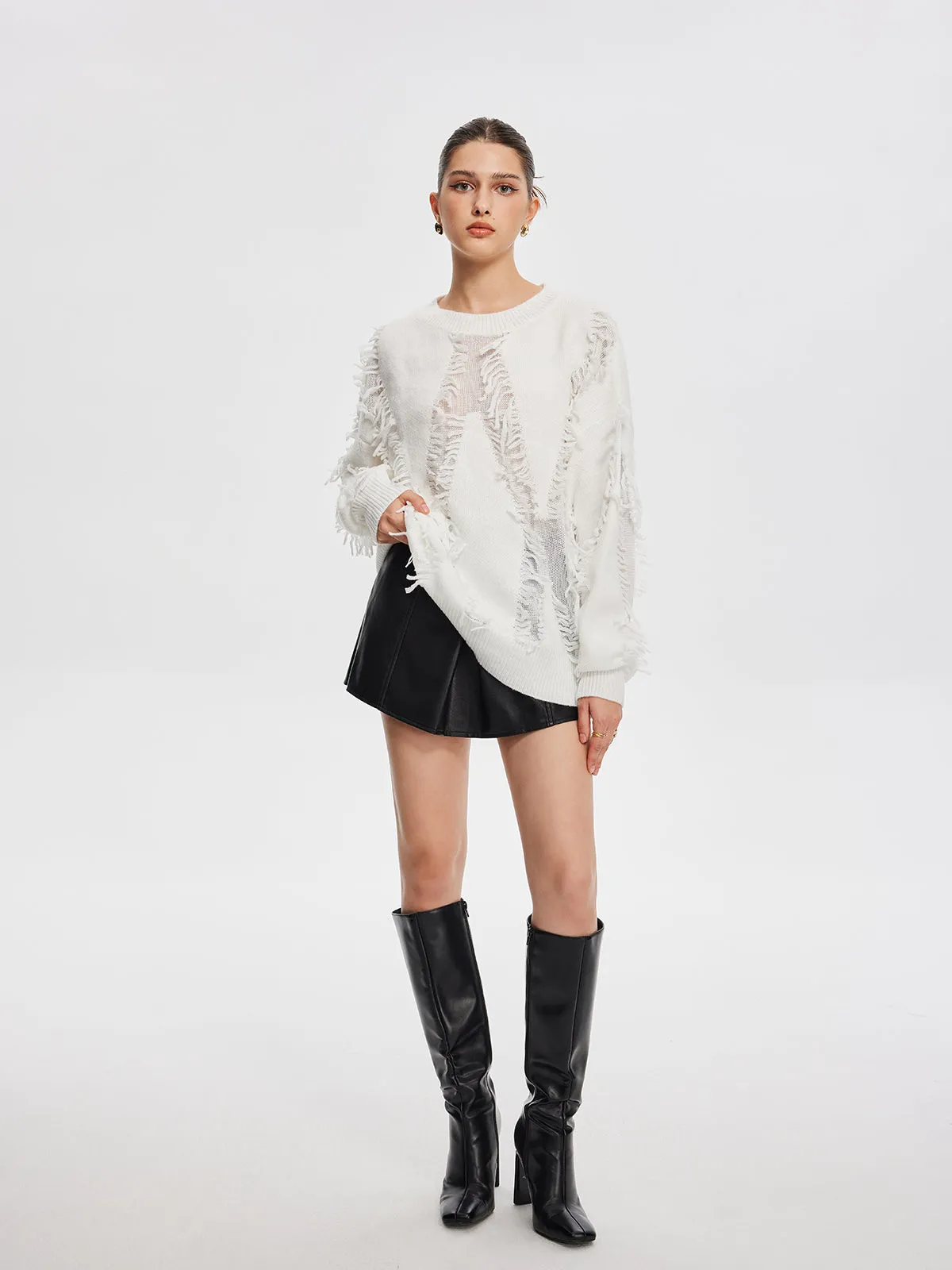 Plain Ripped Tassel Sweater