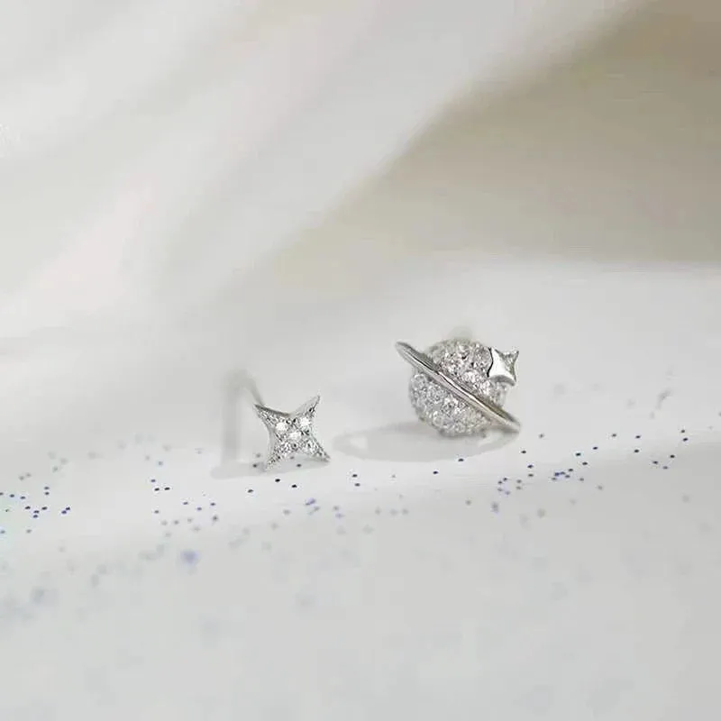 Planet Earrings Silver Color Piercing for Women Moon Star Crystal Zircon Ear Stud Earrings Tragus Cartilage Body Jewelry