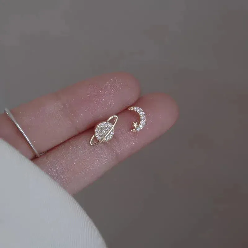Planet Earrings Silver Color Piercing for Women Moon Star Crystal Zircon Ear Stud Earrings Tragus Cartilage Body Jewelry
