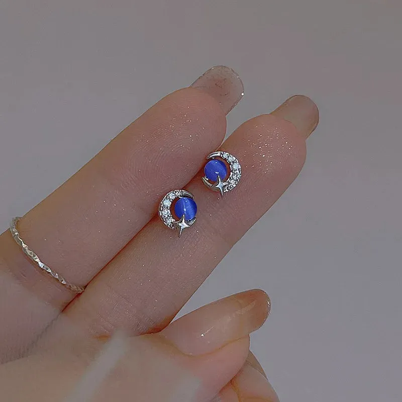 Planet Earrings Silver Color Piercing for Women Moon Star Crystal Zircon Ear Stud Earrings Tragus Cartilage Body Jewelry