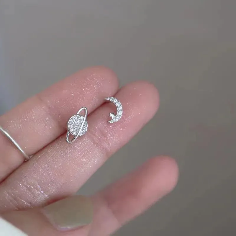 Planet Earrings Silver Color Piercing for Women Moon Star Crystal Zircon Ear Stud Earrings Tragus Cartilage Body Jewelry