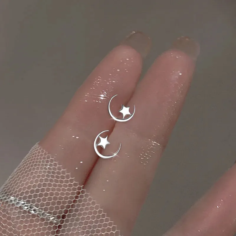 Planet Earrings Silver Color Piercing for Women Moon Star Crystal Zircon Ear Stud Earrings Tragus Cartilage Body Jewelry
