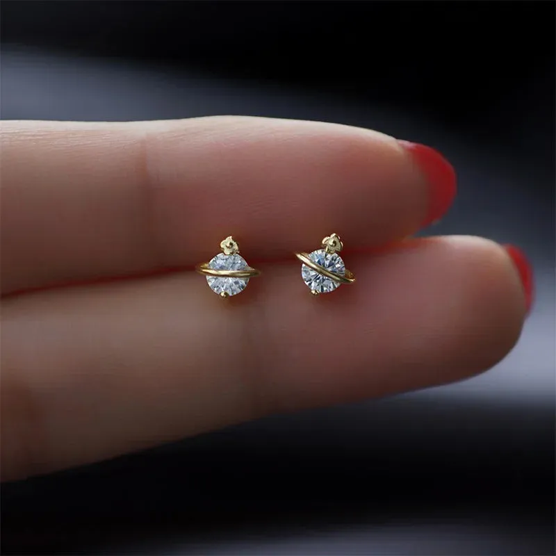 Planet Earrings Silver Color Piercing for Women Moon Star Crystal Zircon Ear Stud Earrings Tragus Cartilage Body Jewelry