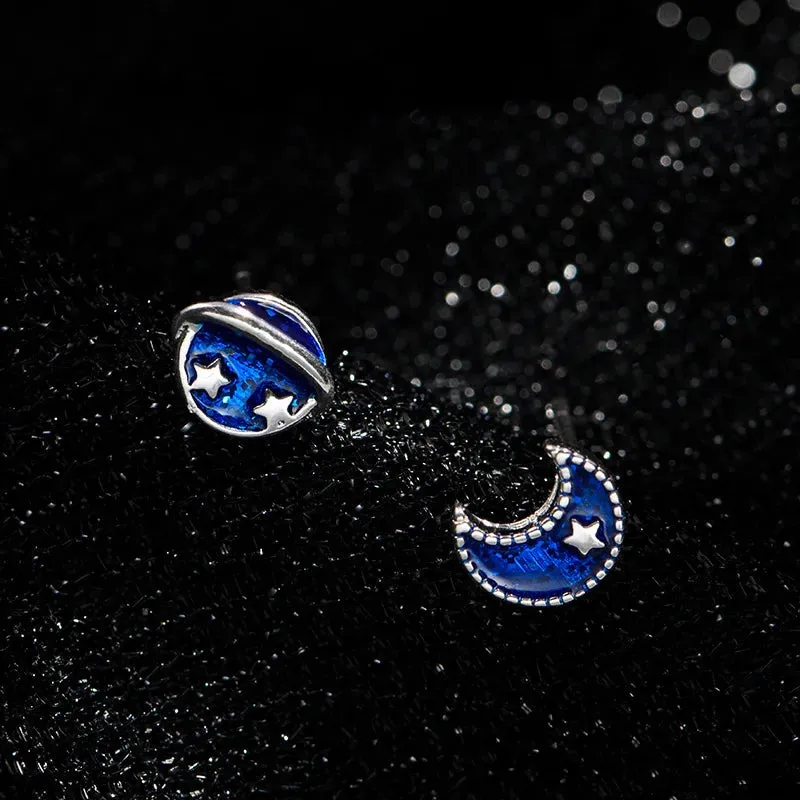 Planet Earrings Silver Color Piercing for Women Moon Star Crystal Zircon Ear Stud Earrings Tragus Cartilage Body Jewelry