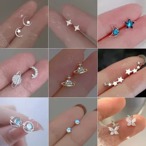 Planet Earrings Silver Color Piercing for Women Moon Star Crystal Zircon Ear Stud Earrings Tragus Cartilage Body Jewelry