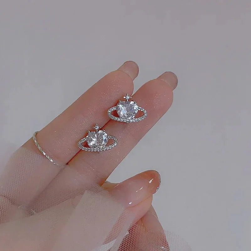 Planet Earrings Silver Color Piercing for Women Moon Star Crystal Zircon Ear Stud Earrings Tragus Cartilage Body Jewelry