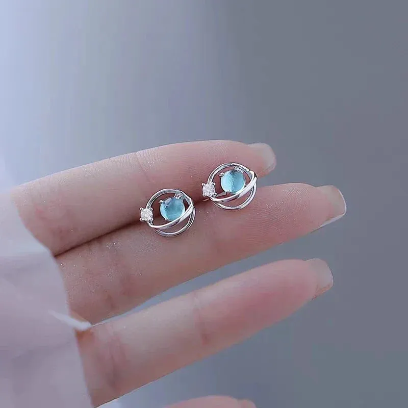 Planet Earrings Silver Color Piercing for Women Moon Star Crystal Zircon Ear Stud Earrings Tragus Cartilage Body Jewelry