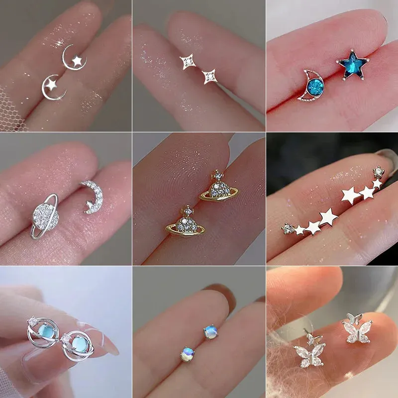 Planet Earrings Silver Color Piercing for Women Moon Star Crystal Zircon Ear Stud Earrings Tragus Cartilage Body Jewelry