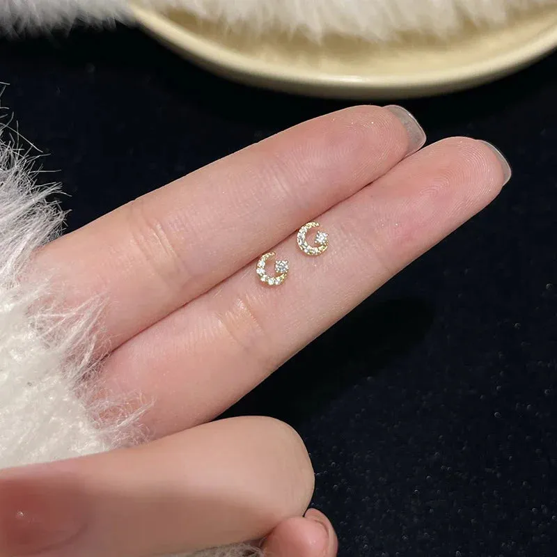 Planet Earrings Silver Color Piercing for Women Moon Star Crystal Zircon Ear Stud Earrings Tragus Cartilage Body Jewelry