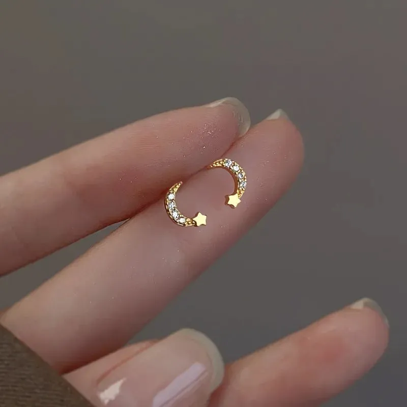 Planet Earrings Silver Color Piercing for Women Moon Star Crystal Zircon Ear Stud Earrings Tragus Cartilage Body Jewelry