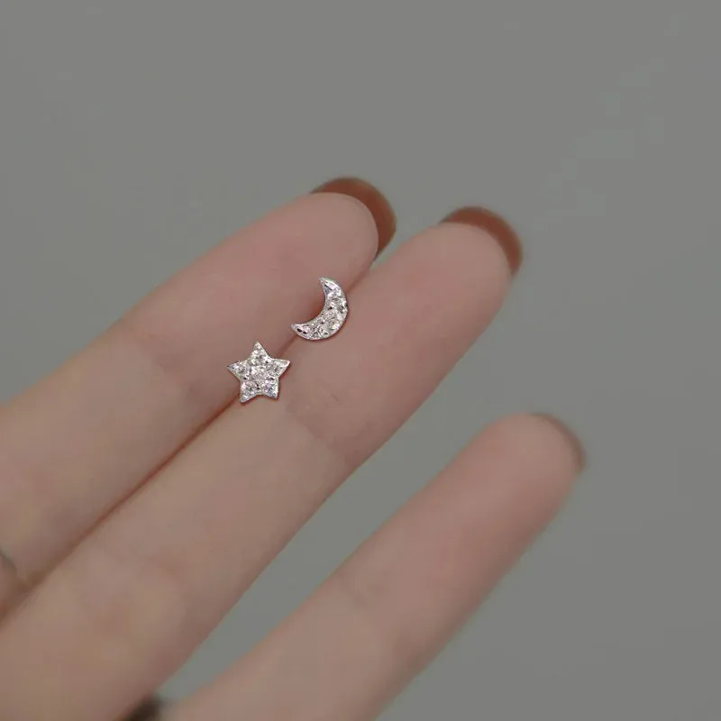 Planet Earrings Silver Color Piercing for Women Moon Star Crystal Zircon Ear Stud Earrings Tragus Cartilage Body Jewelry