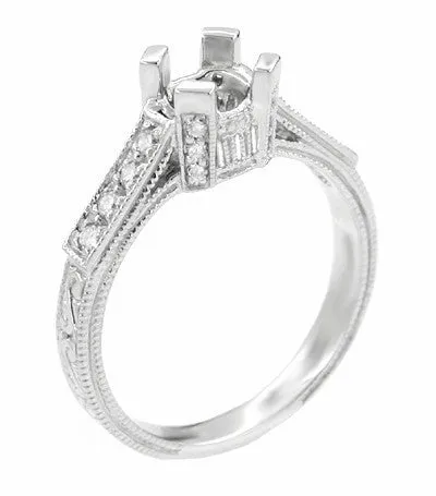 Platinum Art Deco Engraved Filigree Citadel 1 Carat Diamond Engagement Ring Mounting