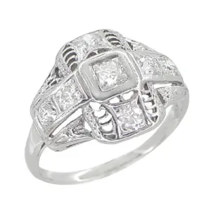 Platinum Art Deco Filigree Cross Diamond Antique Engagement Ring