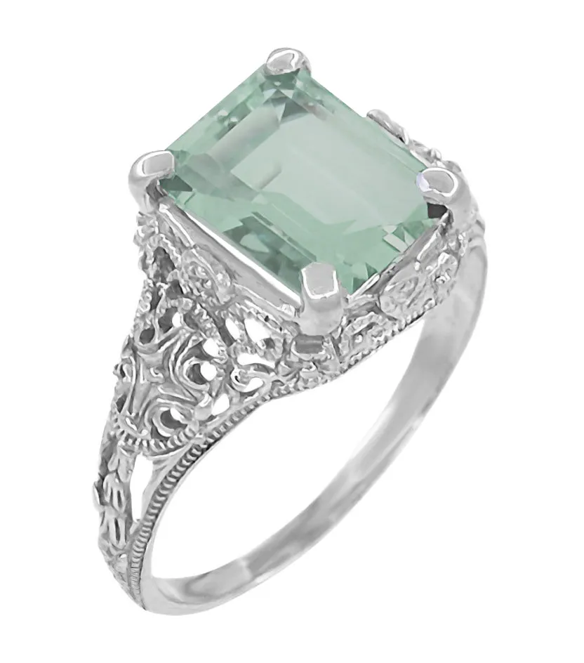 Platinum Edwardian Filigree Emerald Cut Prasiolite Ring ( Green Amethyst )