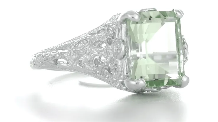 Platinum Edwardian Filigree Emerald Cut Prasiolite Ring ( Green Amethyst )