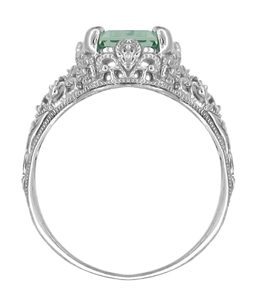 Platinum Edwardian Filigree Emerald Cut Prasiolite Ring ( Green Amethyst )
