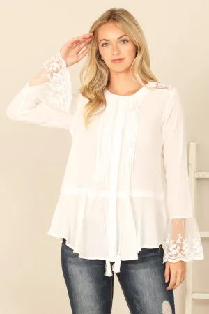 PLEATED FRONT WITH TASSEL LACE DETAIL LONG SLEEVE TOP