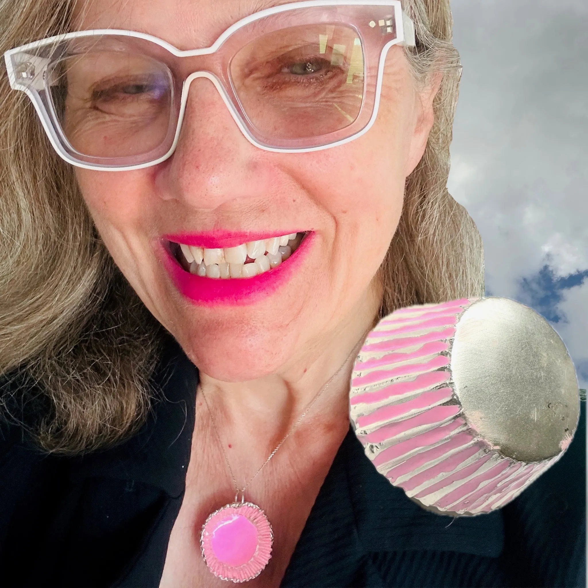 POP ART Hot Pink Enameled Sterling Silver BONBON "FOIL"CANDY CUP Necklace
