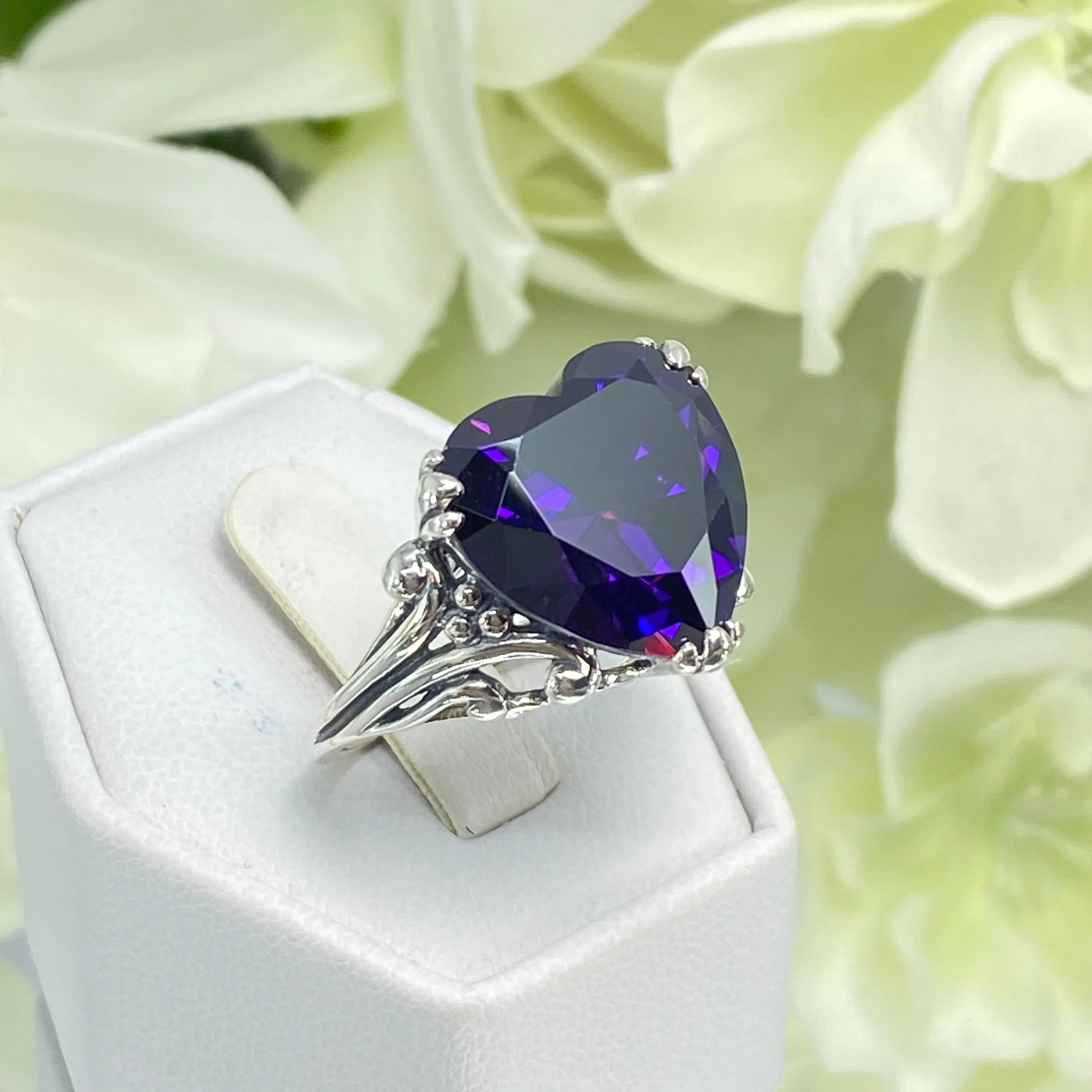 Purple Amethyst CZ Heart Ring, Size 9, Art Deco Jewelry Design#D213 - Ready to Ship
