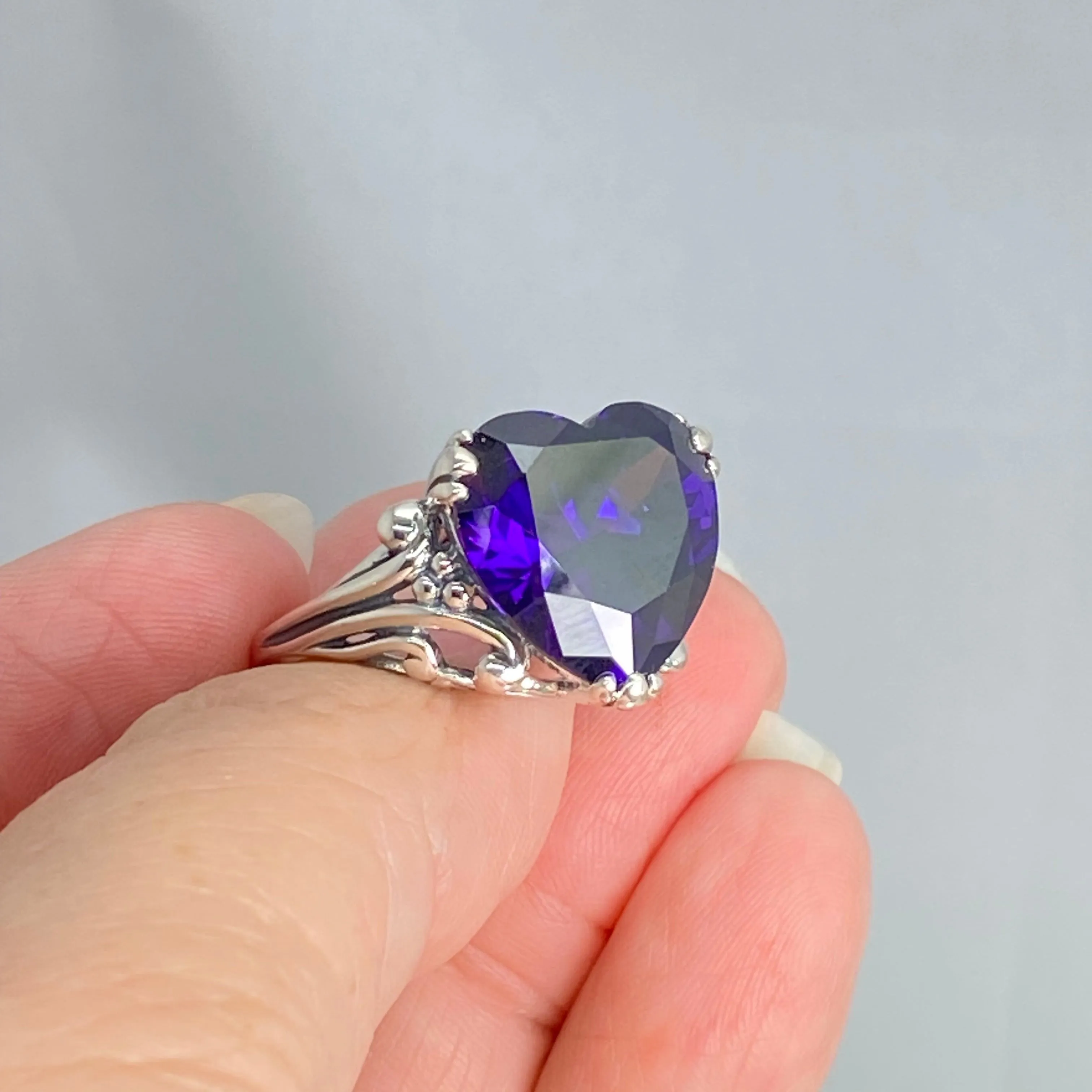 Purple Amethyst CZ Heart Ring, Size 9, Art Deco Jewelry Design#D213 - Ready to Ship