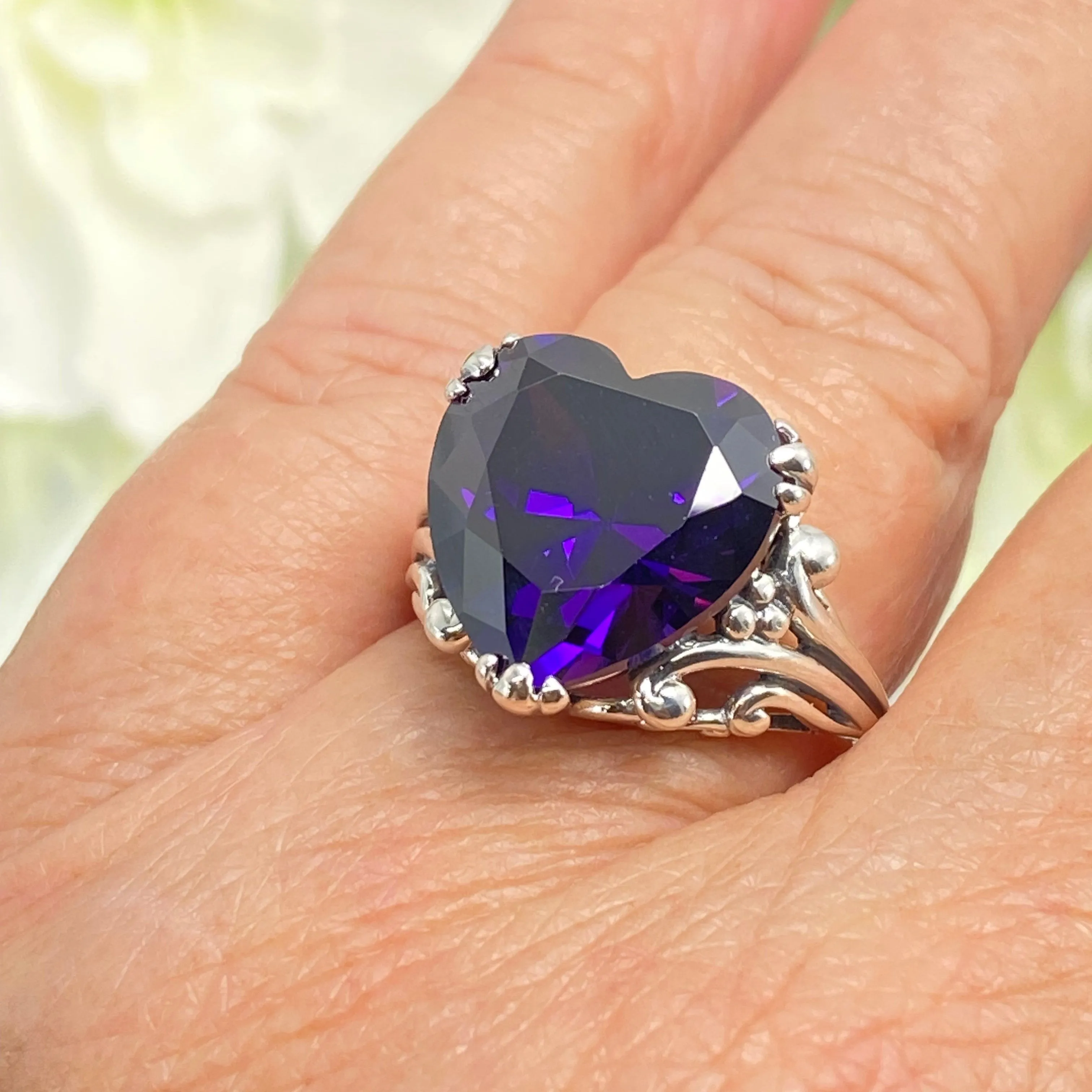 Purple Amethyst CZ Heart Ring, Size 9, Art Deco Jewelry Design#D213 - Ready to Ship
