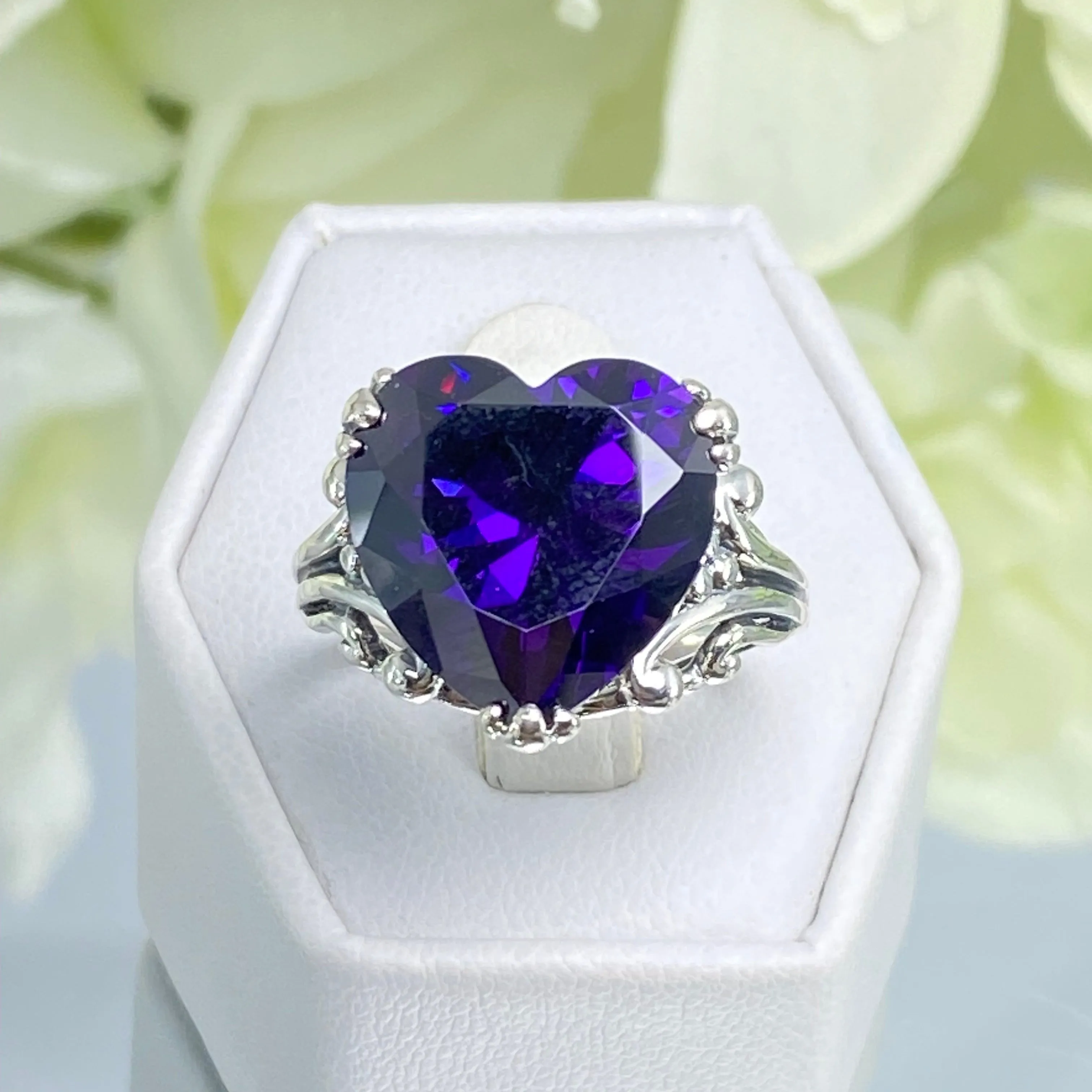Purple Amethyst CZ Heart Ring, Size 9, Art Deco Jewelry Design#D213 - Ready to Ship
