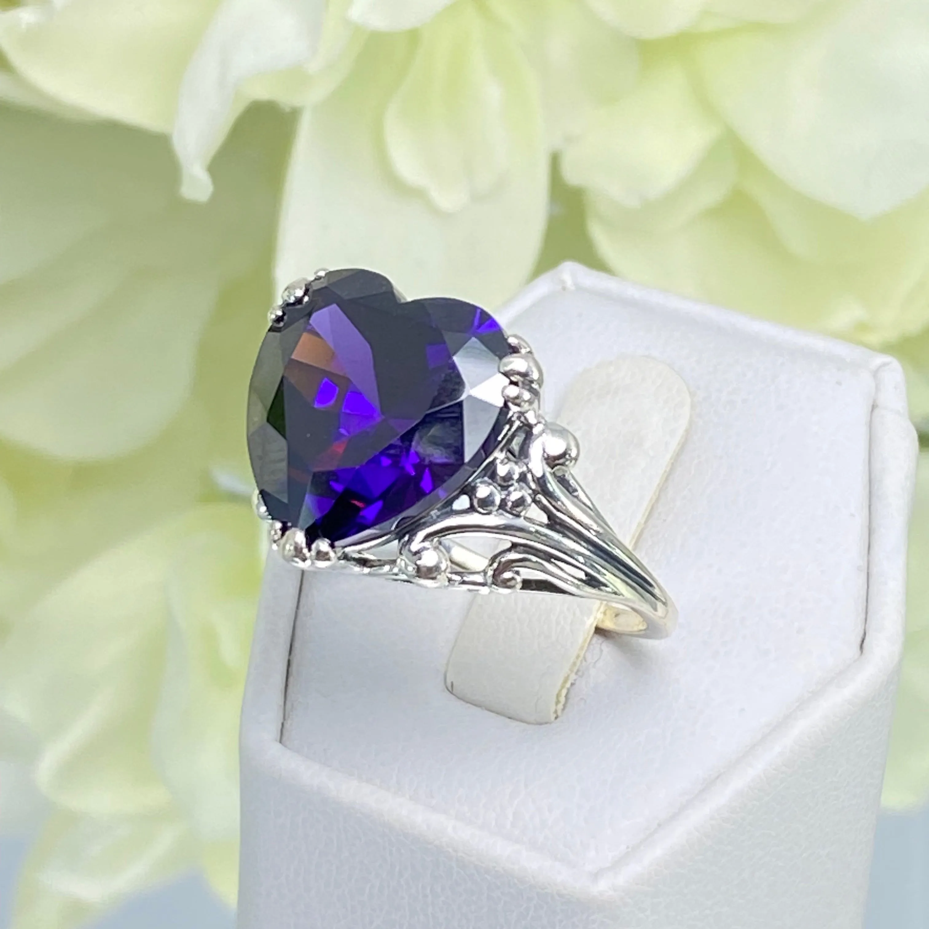 Purple Amethyst CZ Heart Ring, Size 9, Art Deco Jewelry Design#D213 - Ready to Ship