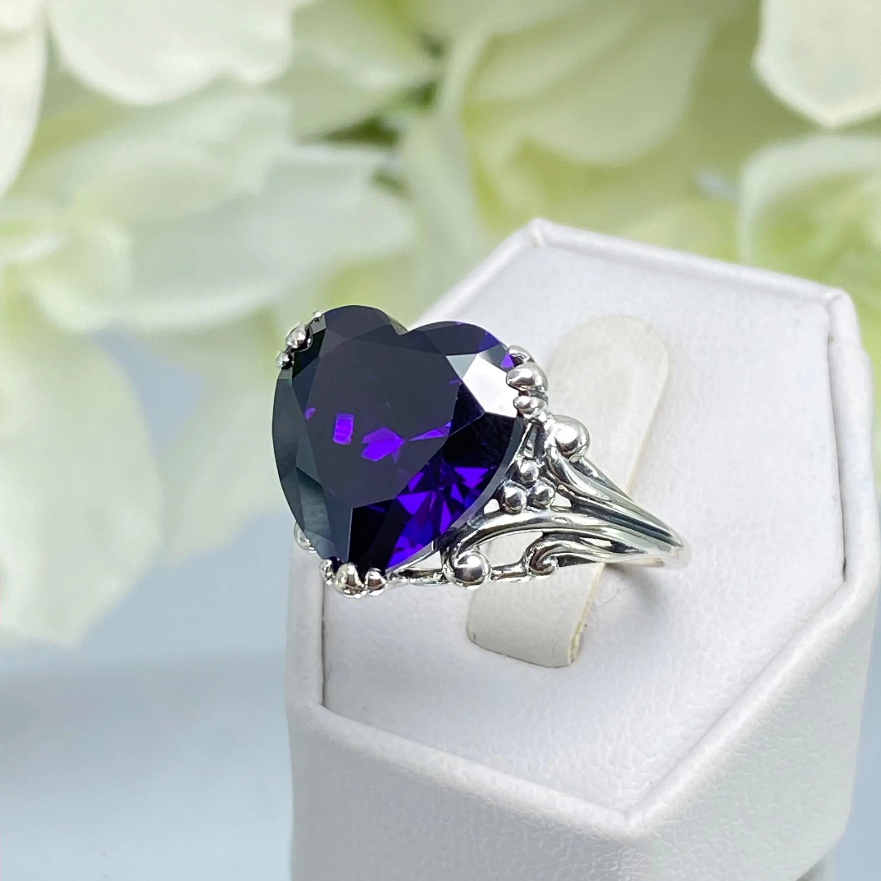 Purple Amethyst CZ Heart Ring, Size 9, Art Deco Jewelry Design#D213 - Ready to Ship