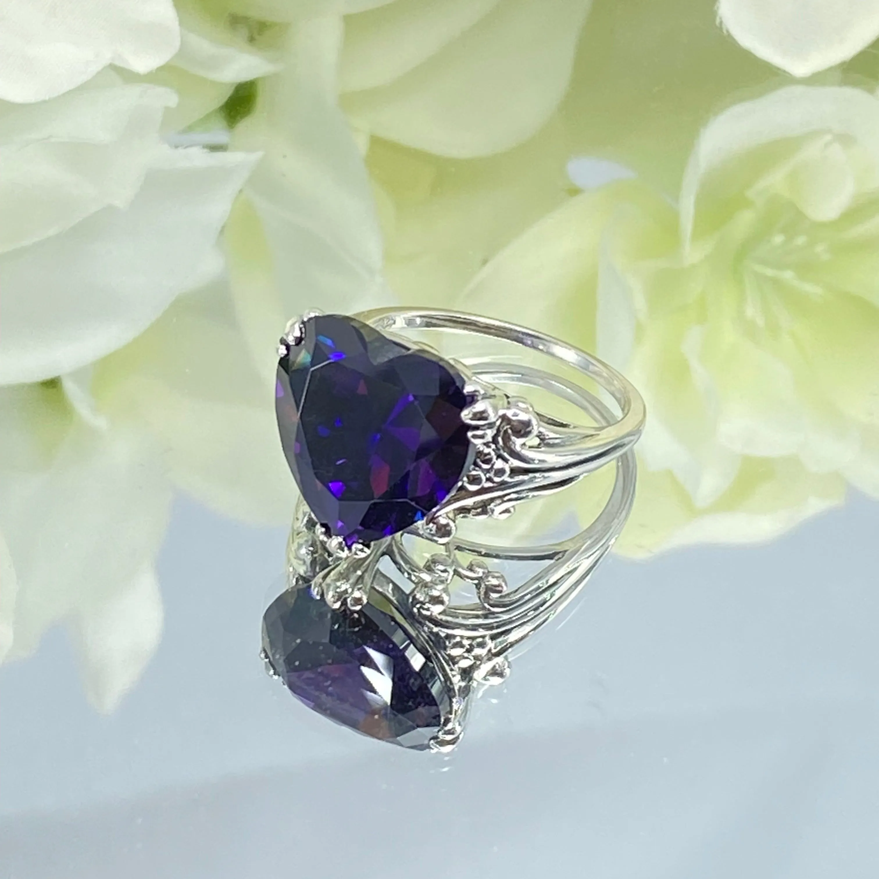 Purple Amethyst CZ Heart Ring, Size 9, Art Deco Jewelry Design#D213 - Ready to Ship