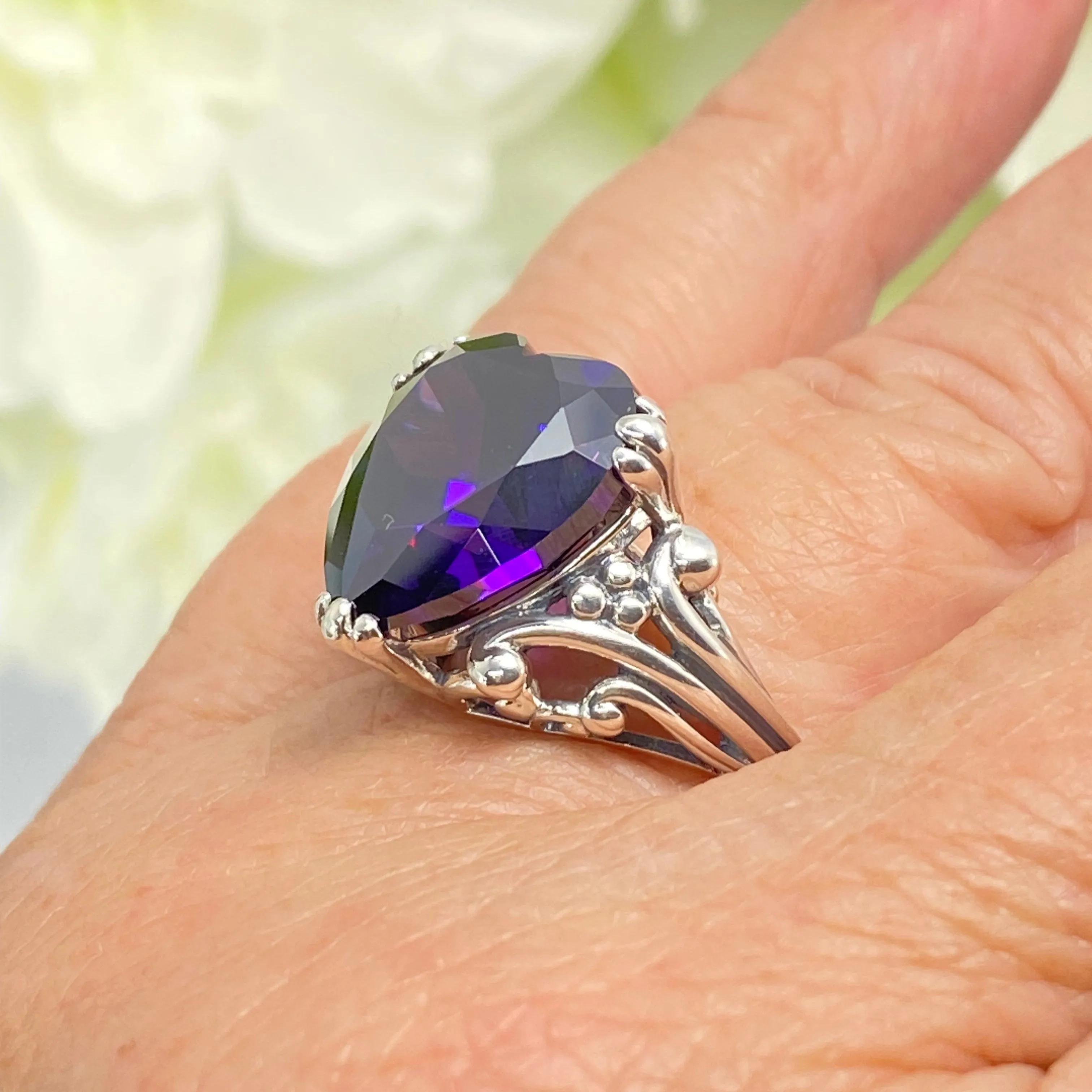 Purple Amethyst CZ Heart Ring, Size 9, Art Deco Jewelry Design#D213 - Ready to Ship