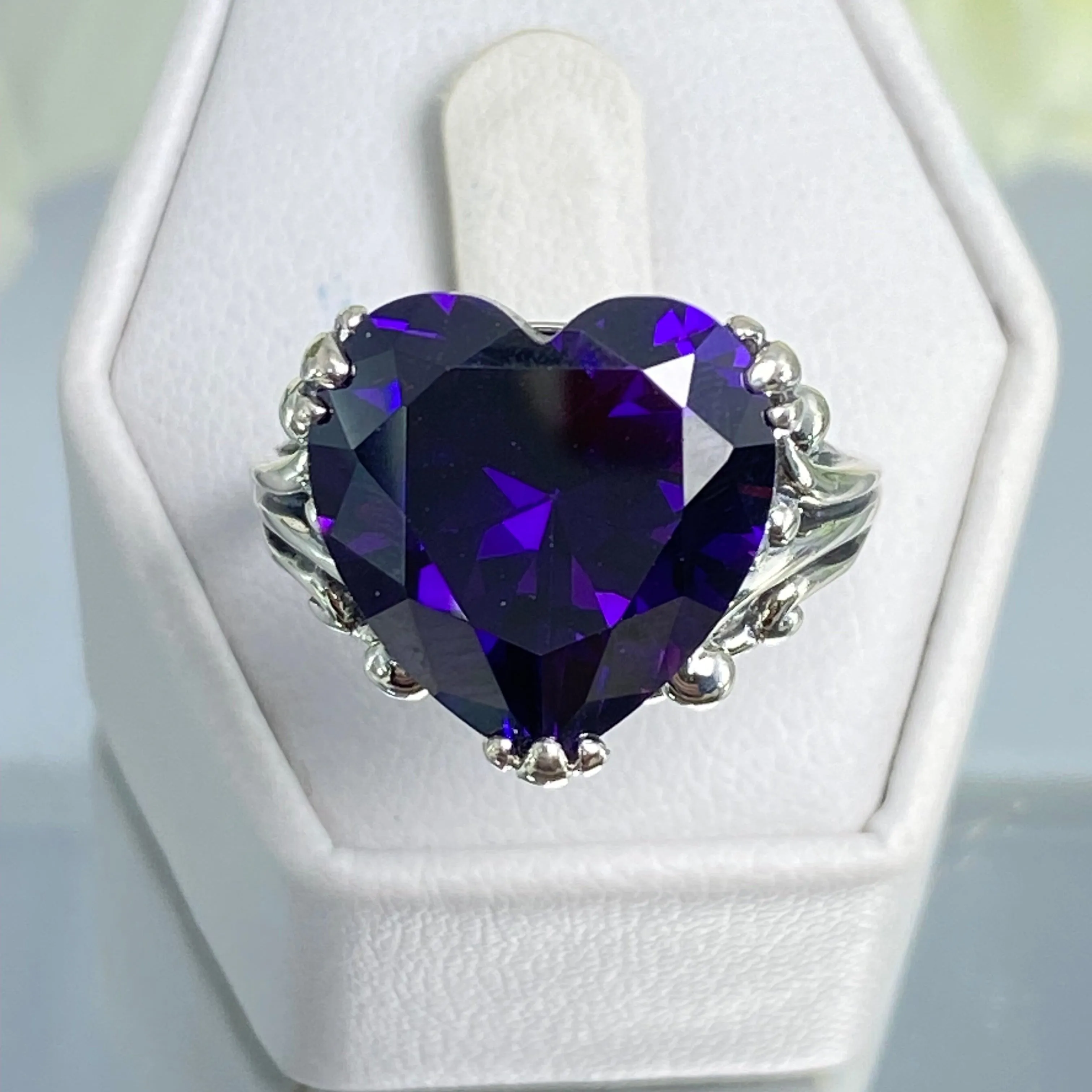 Purple Amethyst CZ Heart Ring, Size 9, Art Deco Jewelry Design#D213 - Ready to Ship