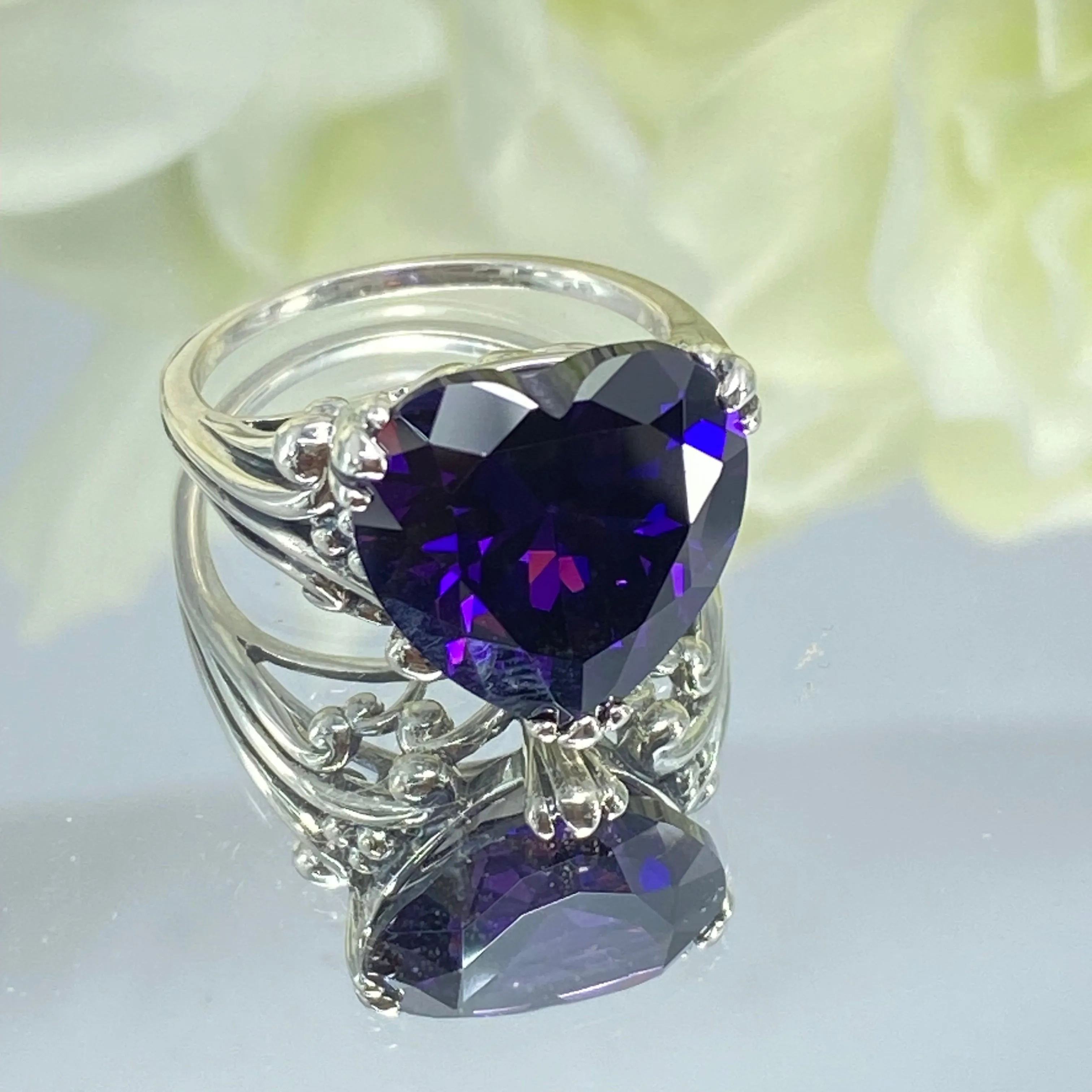 Purple Amethyst CZ Heart Ring, Size 9, Art Deco Jewelry Design#D213 - Ready to Ship