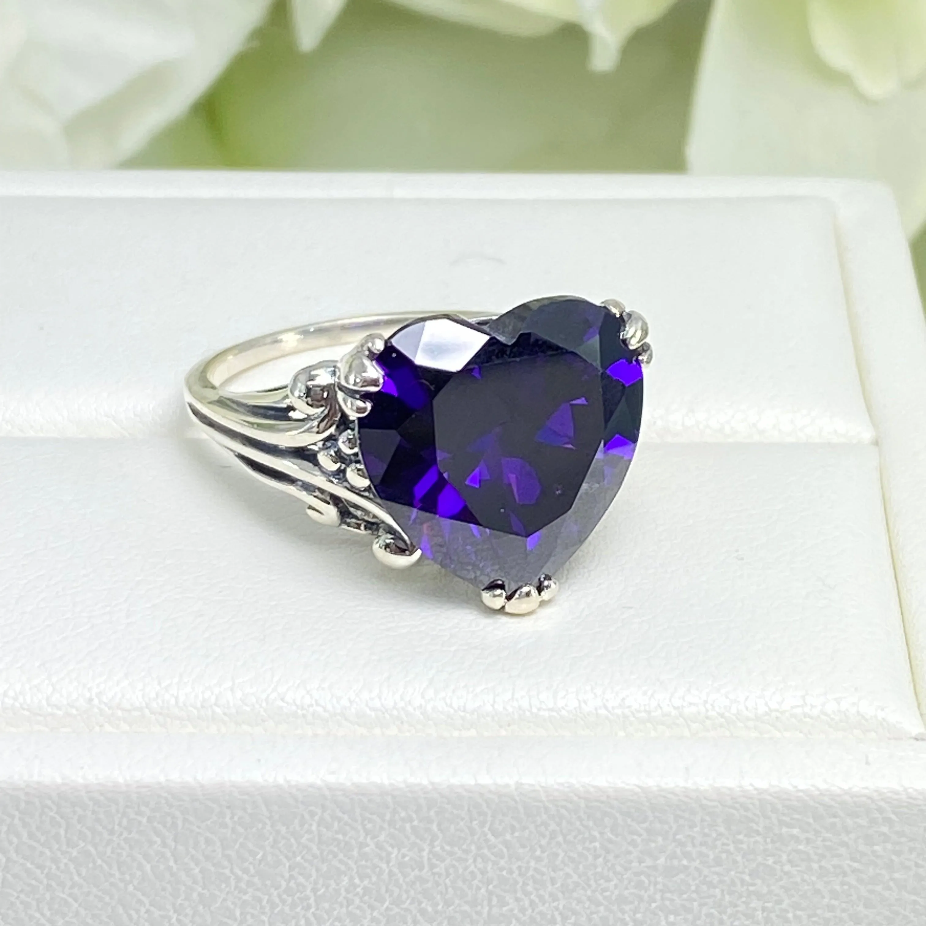 Purple Amethyst CZ Heart Ring, Size 9, Art Deco Jewelry Design#D213 - Ready to Ship