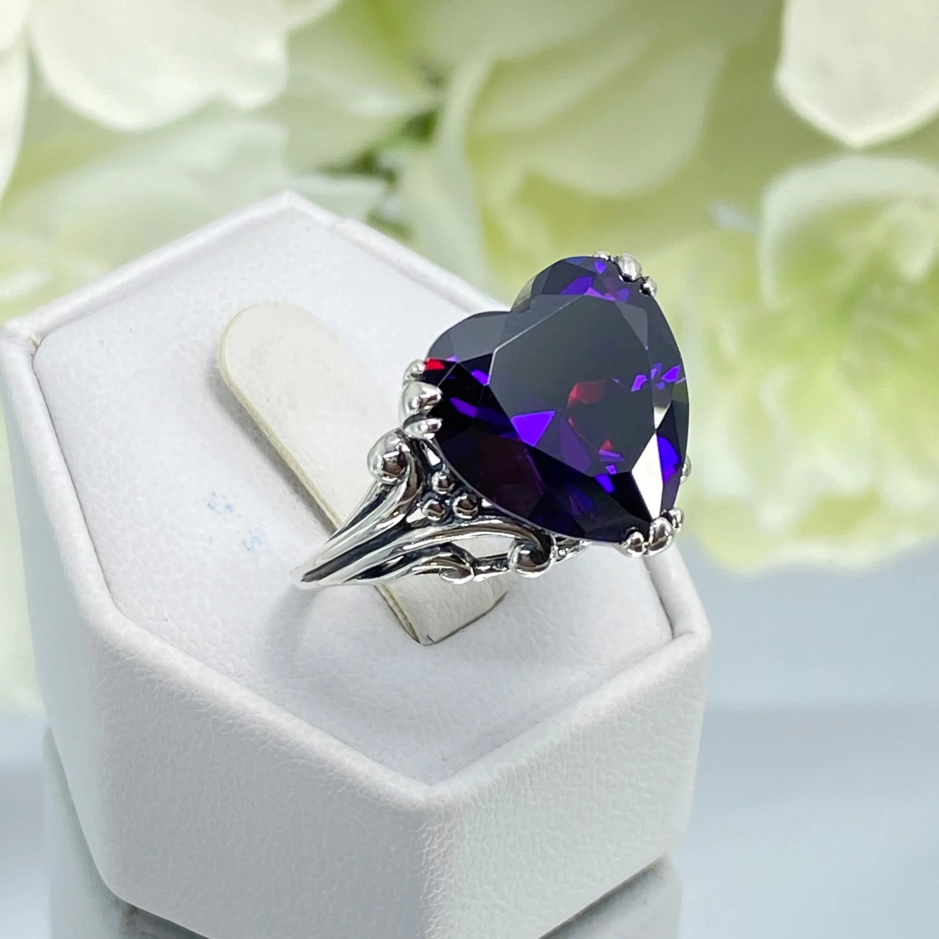 Purple Amethyst CZ Heart Ring, Size 9, Art Deco Jewelry Design#D213 - Ready to Ship